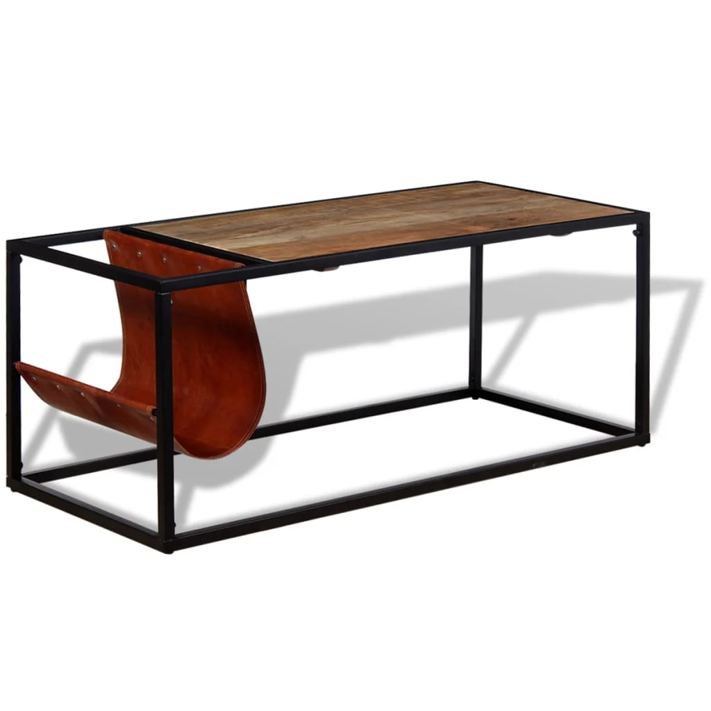 sofabord med ægte læder magasinholder 110x50x45 cm - Image 3