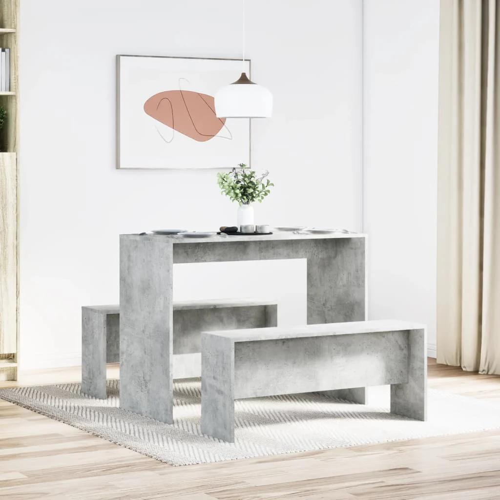 spisebord og bænke 3 dele konstrueret træ betongrå - Image 3