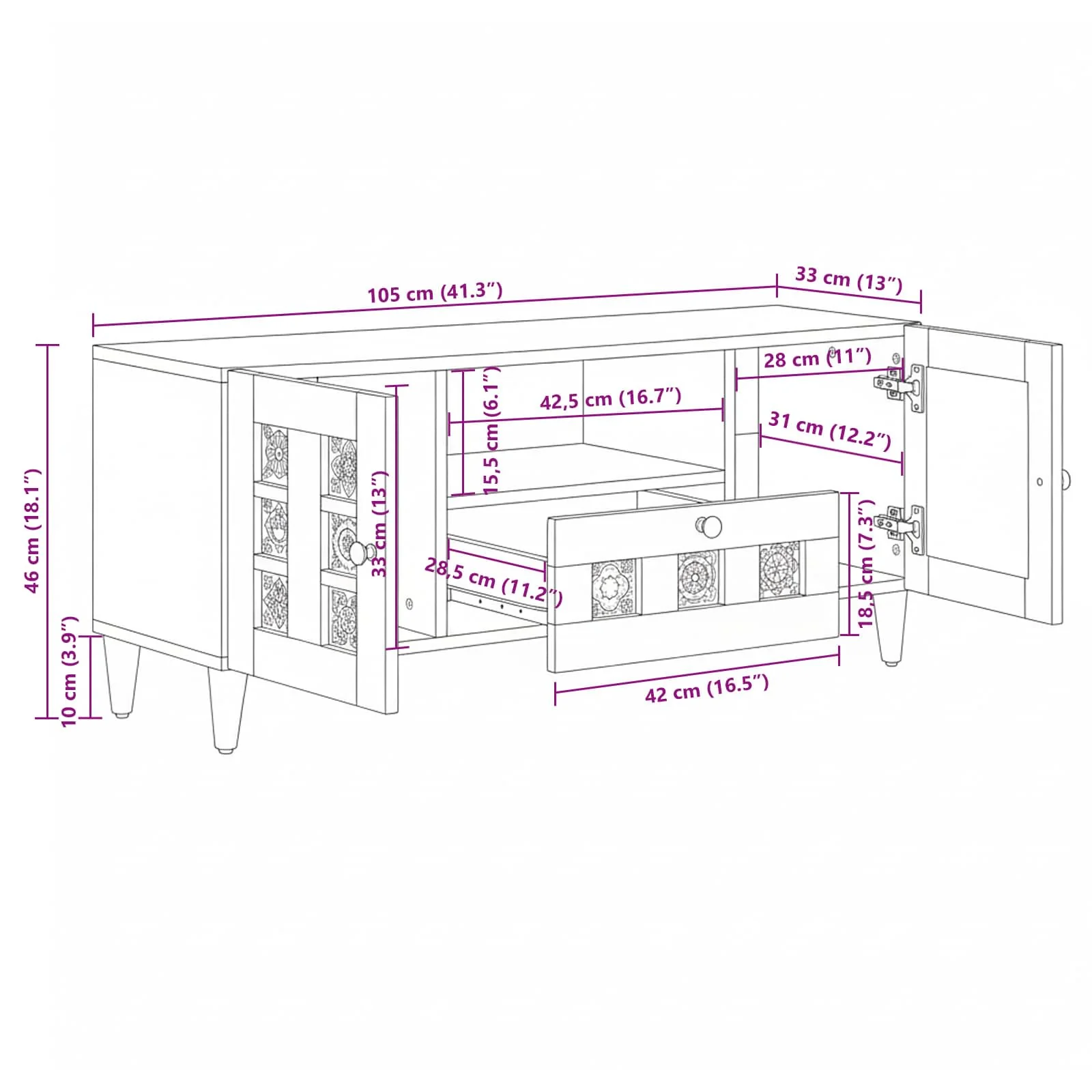 TV-skab med dør Naturfarvet 105 x 33,5 x 46 cm Massivt mangotræ - Image 11