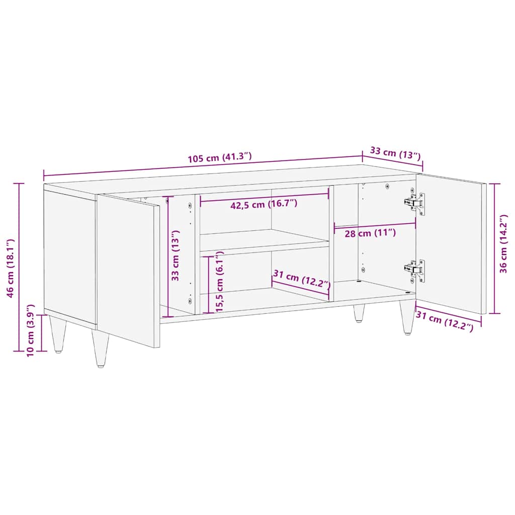TV-skab med hylde Honningbrun 105 x 33 x 46 cm Massivt mangotræ - Image 11