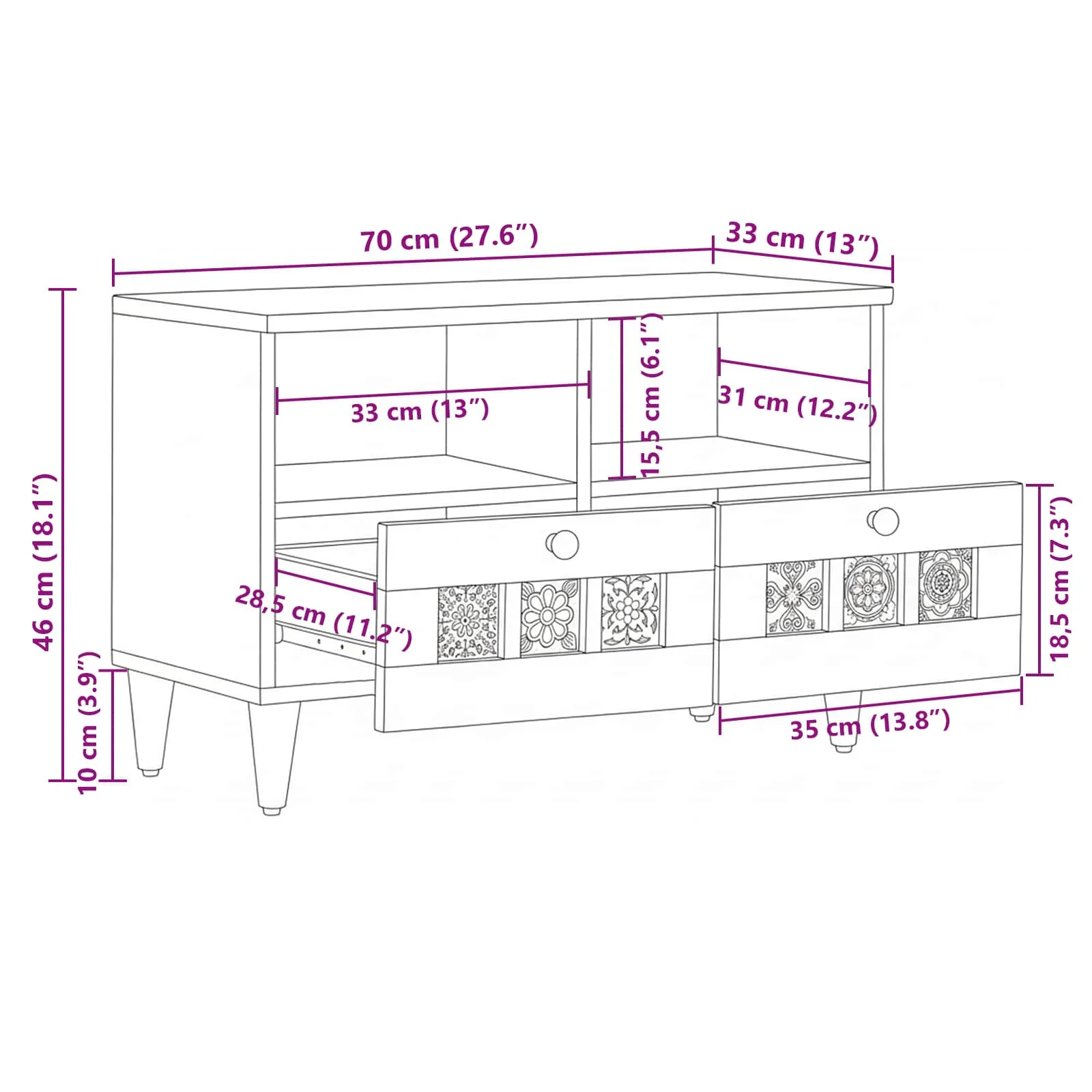 TV-skab med skuffe Naturfarvet 70 x 33 x 46 cm Massivt mangotræ - Image 11