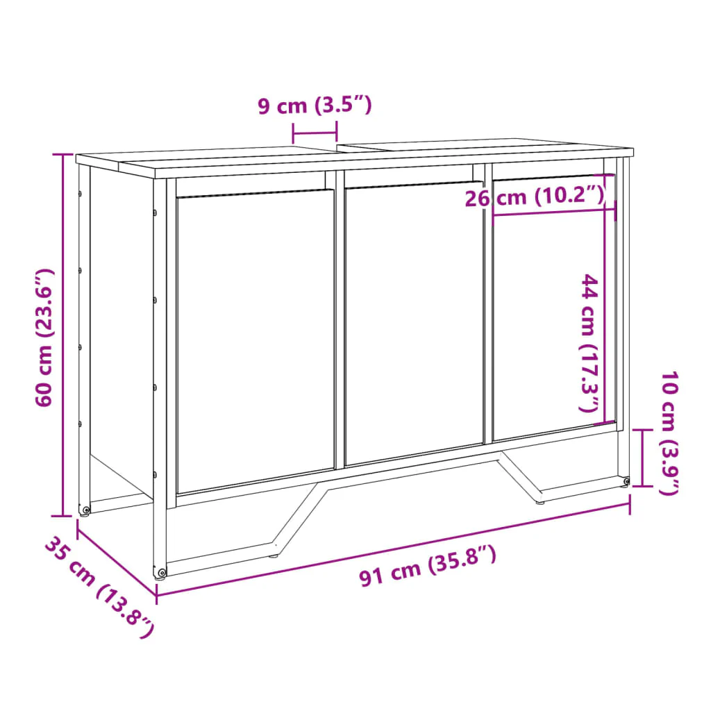 underskab til håndvask 91x35x60 cm konstrueret træ brunt eg - Image 10
