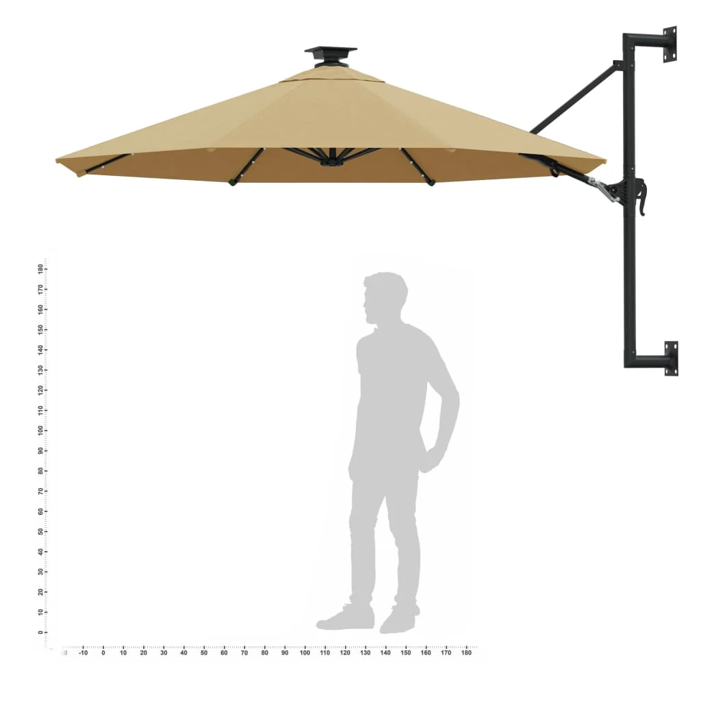 væghængt parasol m. LED-lys 300 cm gråbrun - Image 9