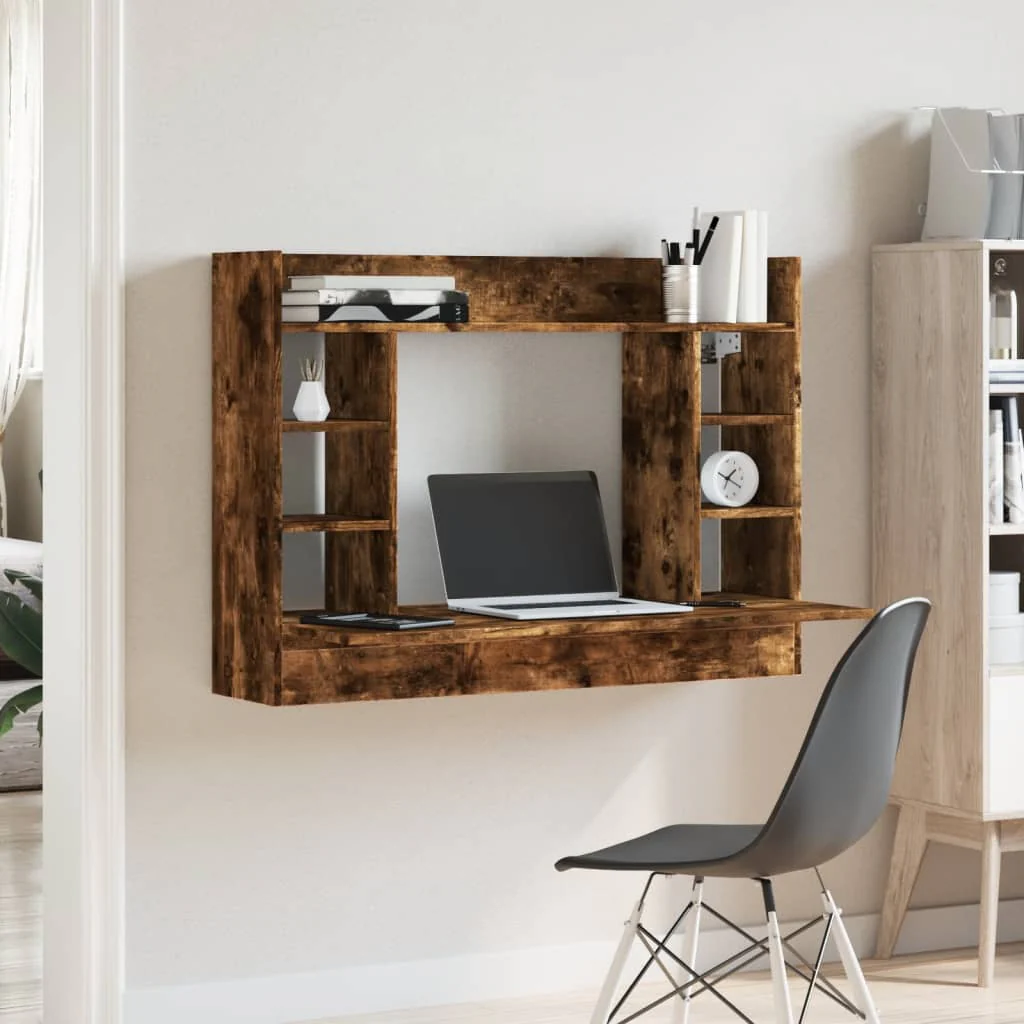 væghængt skrivebord 105x48x75 cm konstrueret træ røget egetræ - Image 3