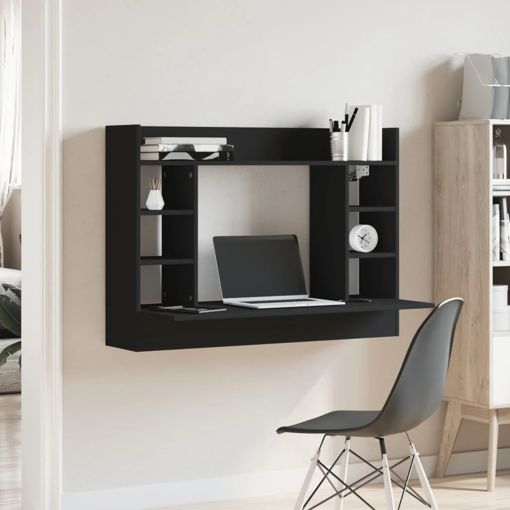 væghængt skrivebord 105x48x75 cm konstrueret træ sort - Image 3